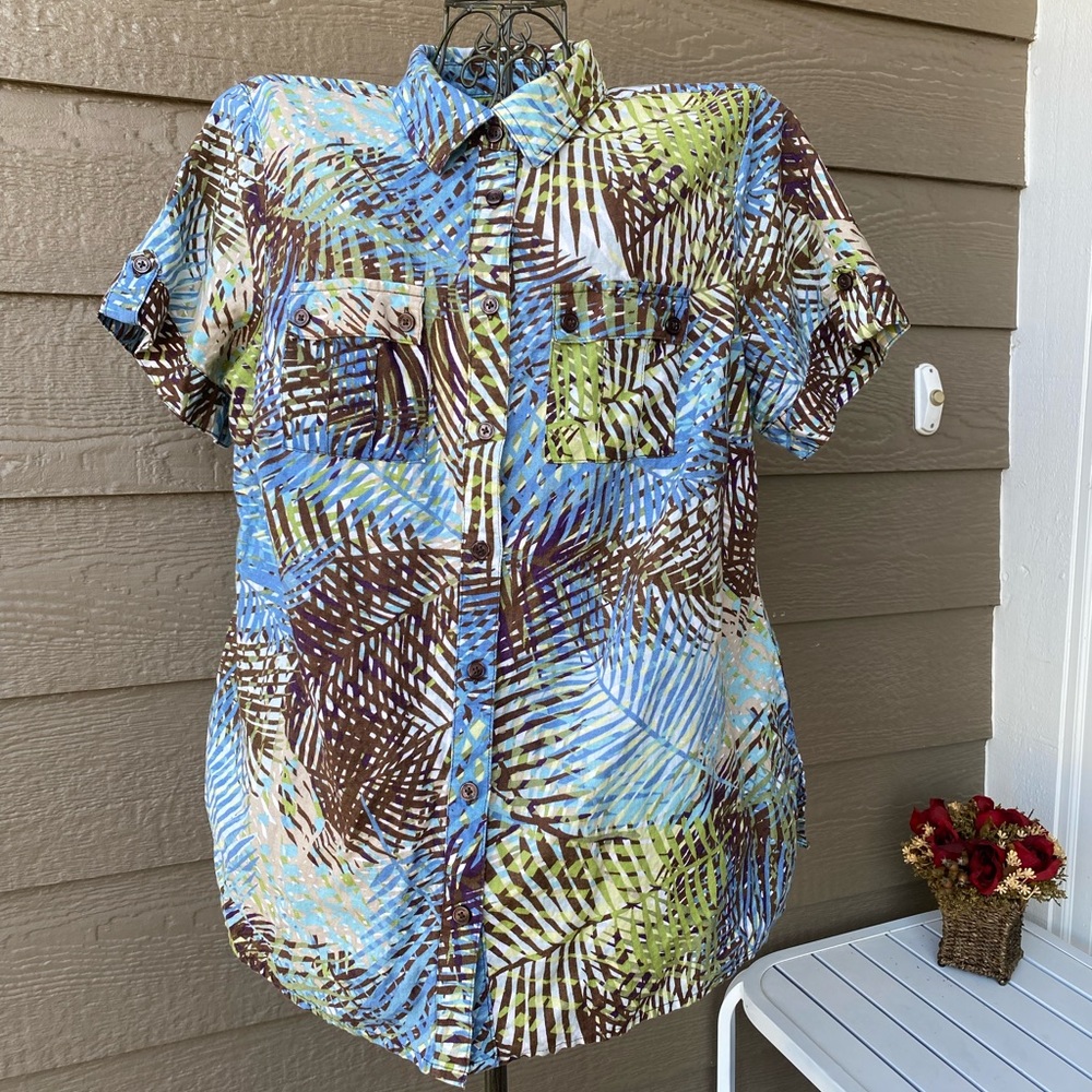 Liz Claiborne Shirt 1X Green Brown Tropical Palm Tree Leaf Hawaii Button